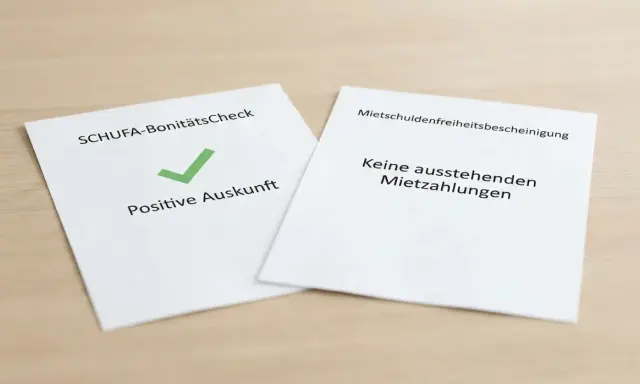 Zwei Dokumente: SCHUFA-BonitätsCheck mit positivem Auskunft-Häkchen und eine Mietschuldenfreiheitsbescheinigung, die bestätigt: Keine ausstehenden Mietzahlungen.