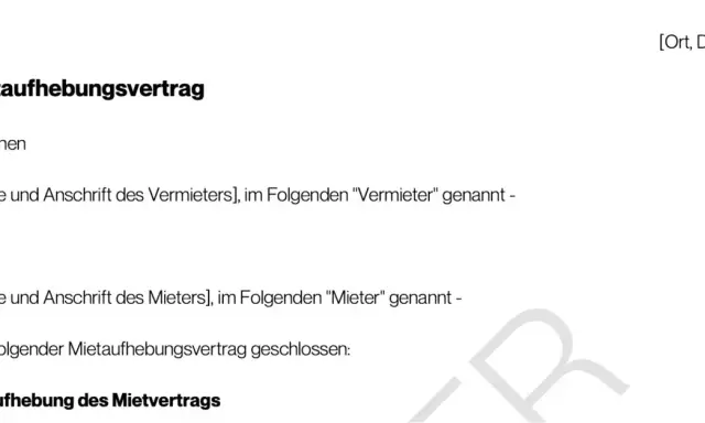 Mietaufhebungsvertrag zwischen Vermieter und Mieter. Dokument zur Beendigung eines Mietvertrags.