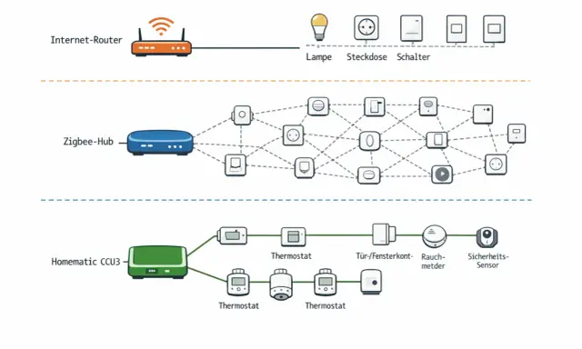 Schema zeigt ein Smart-Home-Netzwerk mit Internet-Router, Zigbee-Hub und Homematic CCU3, die Geräte wie Lampen, Thermostate und Sensoren steuern. Zigbee und Matter sind hierbei wichtige Standards.