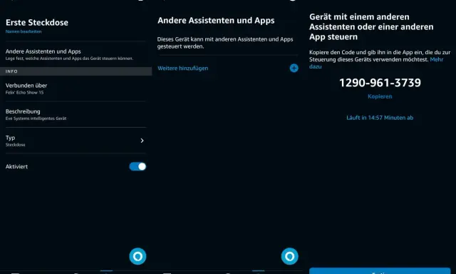 Ein Eve Systems Steckdosen-Gerät wird mit Alexa verbunden. Der Code 1290-961-3739 wird angezeigt.
