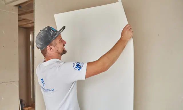 Maler tapeziert Malervlies an einer Wand.