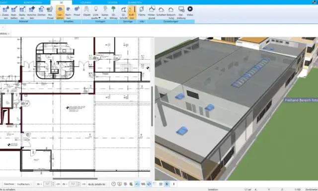 Bauplan und 3D-Modell eines Gebäudes. Ein Nutzer richtet die Werkstatt ein, indem er Elemente im Plan platziert und die 3D-Ansicht zur Überprüfung nutzt.