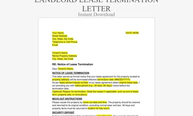 Musterbrief Vermieter an Mieter: Kündigung des Mietvertrags. Enthält Felder für Adressen, Datum, Kündigungsfrist und Anweisungen zur Wohnungsübergabe.