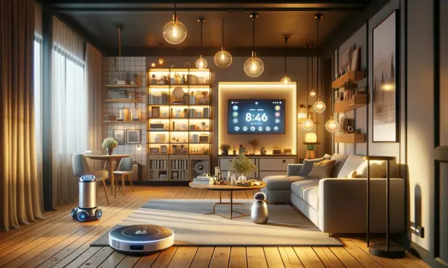 Moderne smart home ideen: Roboter-Staubsauger und ein kleiner Helfer im gemütlichen Wohnzimmer mit beleuchteten Regalen und einem großen Bildschirm.