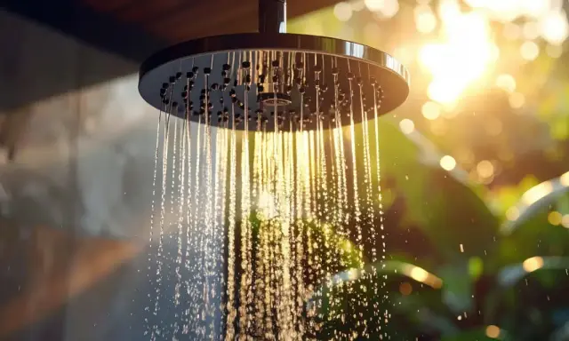 Duschkopf mit warmem Wasser im Sommer ohne Heizung. Sonnenstrahlen brechen sich im Wasser und erzeugen ein warmes, goldenes Licht.