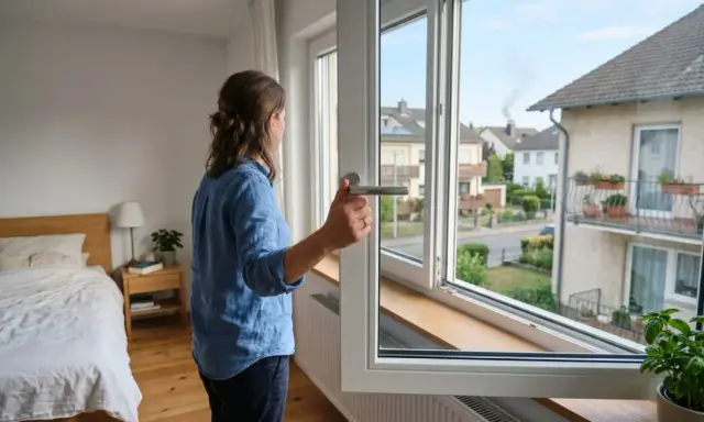 Frau öffnet Fenster im Schlafzimmer. Rauch vom Nachbarn zieht ins Zimmer.