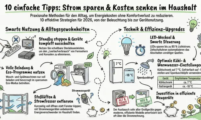 Stromfresser im Haushalt entlarven: Eine Tabelle zeigt, wie man mit Stoßlüften und Strommessgeräten Energie spart.