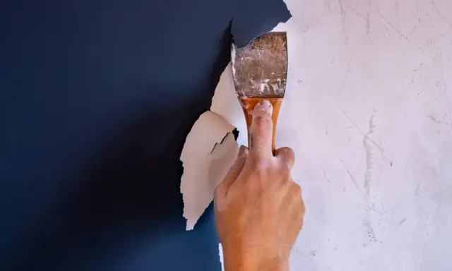 Hand schabt mit einem Spachtel die alte, weiße Dispersionsfarbe von einer dunkelblauen Wand.