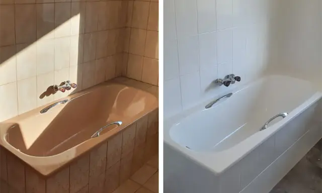Vorher-Nachher-Vergleich: Braune Badewanne und Fliesen werden durch strahlendes Weiß ersetzt. Erfolgreiches **Fliesen lackieren** für ein modernes Bad.