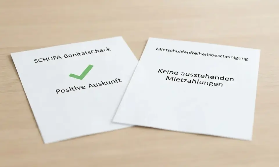 Zwei Dokumente: SCHUFA-BonitätsCheck mit positivem Auskunft-Häkchen und eine Mietschuldenfreiheitsbescheinigung, die bestätigt: Keine ausstehenden Mietzahlungen.