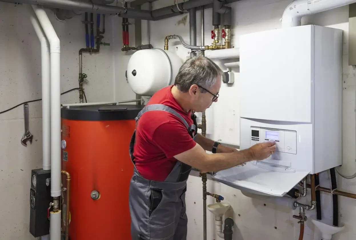 Techniker f&uuml;hrt Abgasmessung an Heizung durch. Er pr&uuml;ft die Anlage f&uuml;r effizientes Heizen.