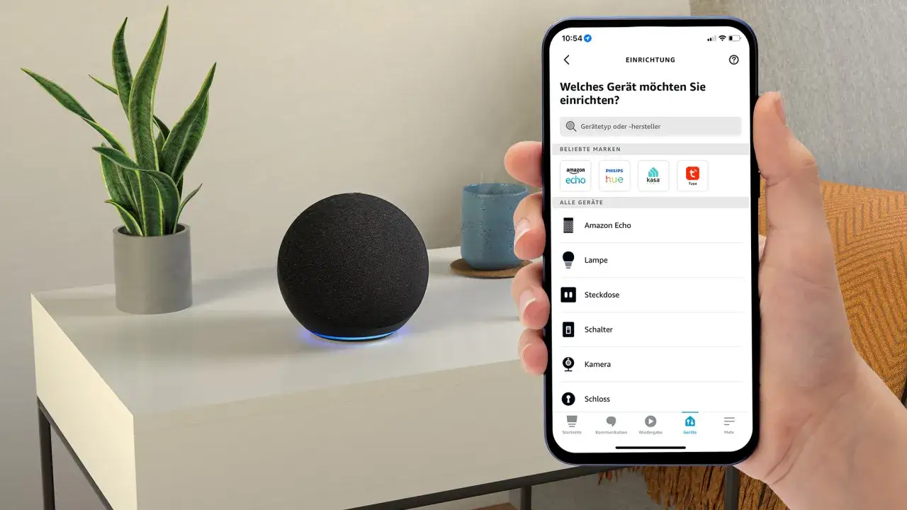 Ein Smartphone zeigt die Einrichtung eines Amazon Echo an, um Alexa mit neuem WLAN zu verbinden.
