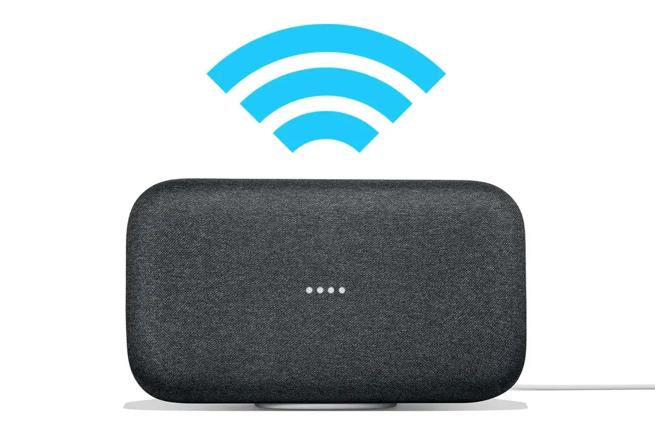 Ein grauer Smart Speaker mit vier leuchtenden Punkten und einem WLAN-Symbol darüber. So verbindest du deinen mi smart speaker.