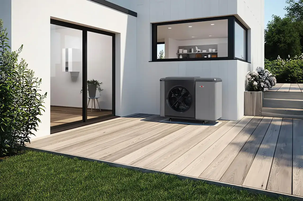 Moderne W&auml;rmepumpe vor einem Haus mit Holzterrasse. Entdecken Sie die Vorteile von Erdgas f&uuml;r Ihr Zuhause.