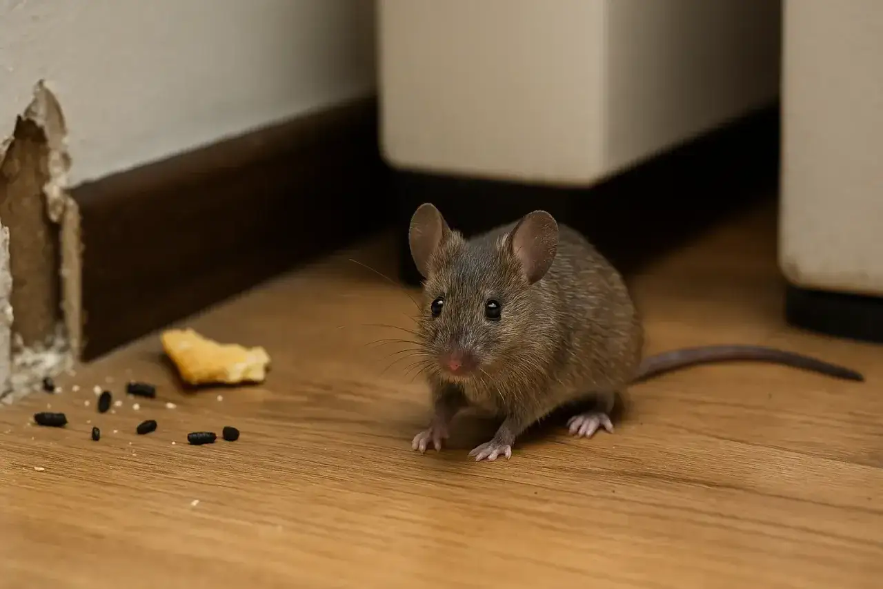 Eine kleine, graue Maus in der Wohnung sucht nach Krümeln neben einem Loch in der Wand.