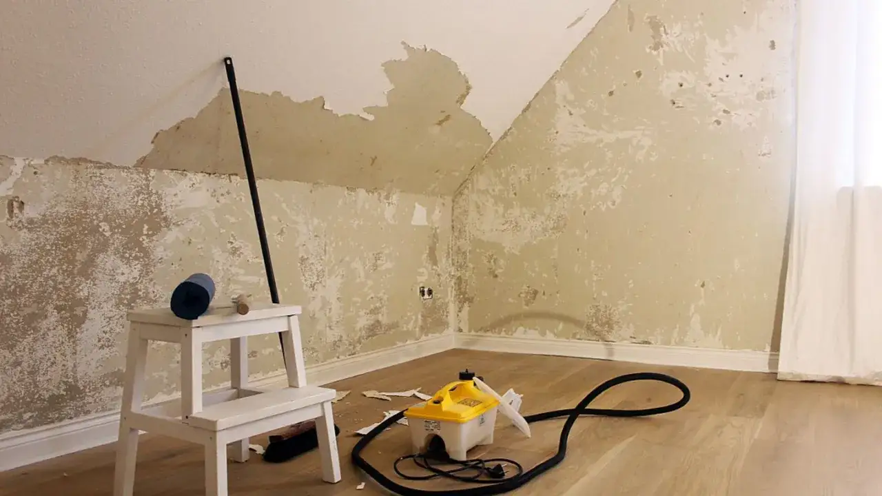 Raufasertapete entfernen: Dampfreiniger und Werkzeug auf dem Boden, die Wand ist teilweise abgerissen.