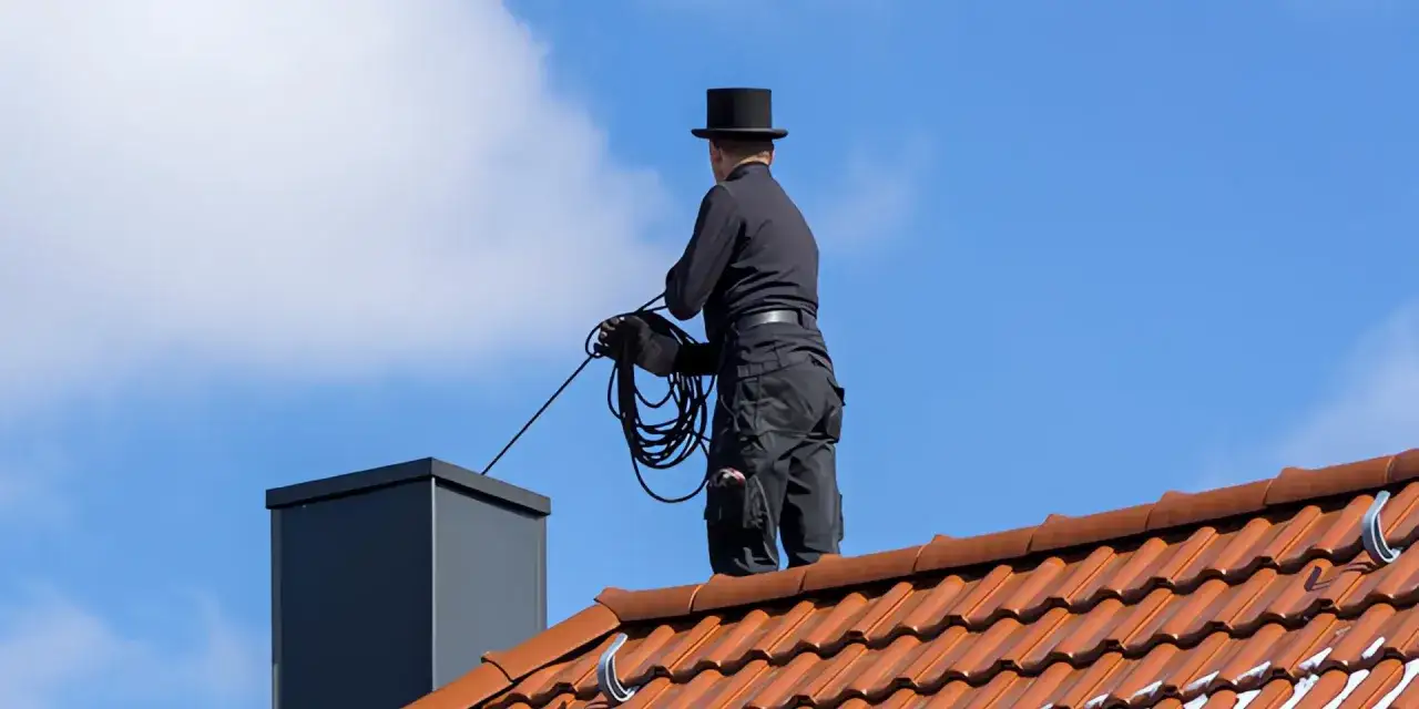Ein Schornsteinfeger in Zylinder und schwarzer Kleidung steht auf einem Ziegeldach und h&auml;lt eine Kordel. Die Schornsteinfeger Pflicht sorgt f&uuml;r Sicherheit.