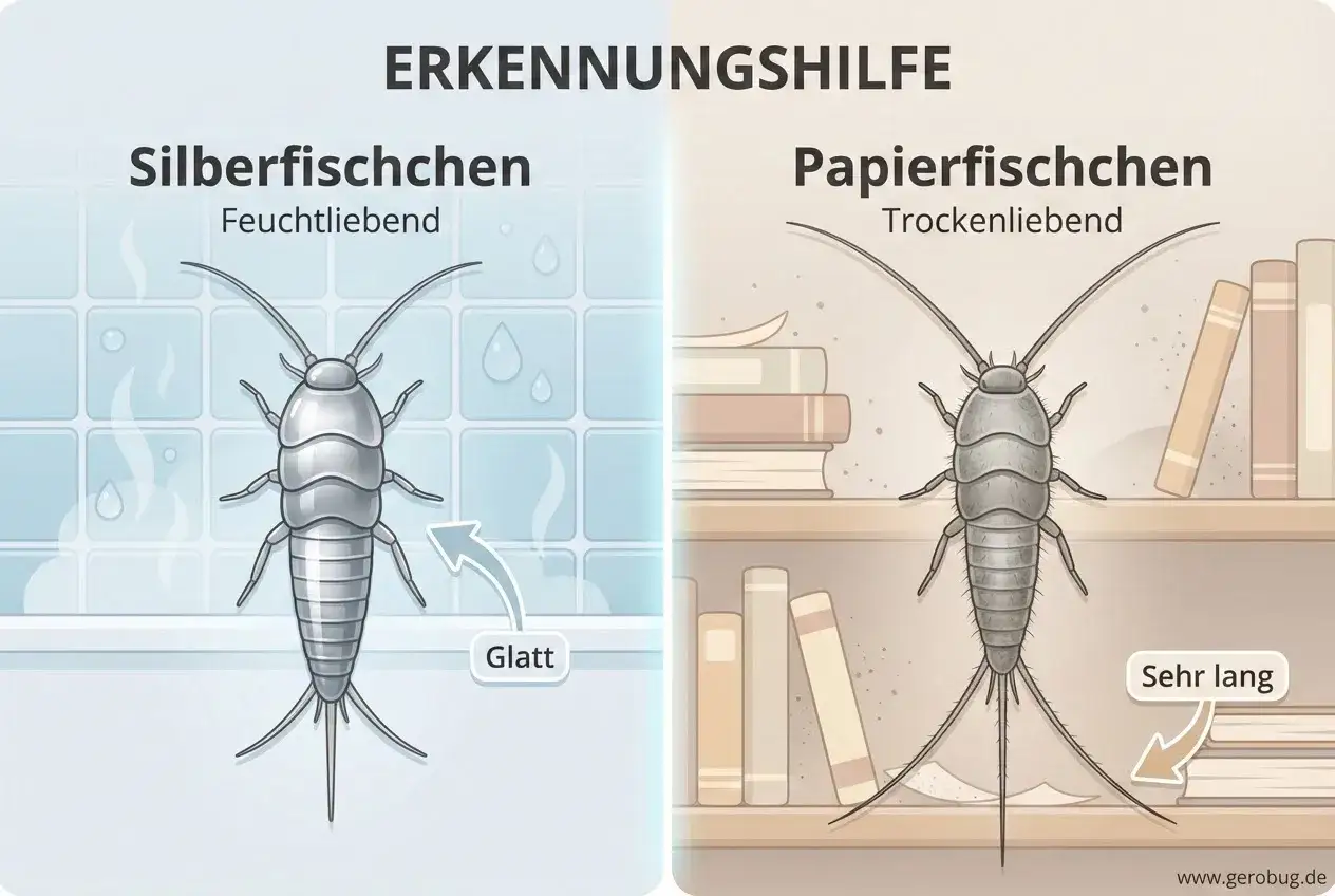 Erkennungshilfe: Silberfischchen (feucht, glatt) vs. Papierfischchen (trocken, sehr lang). So werden Sie Papierfischchen los.