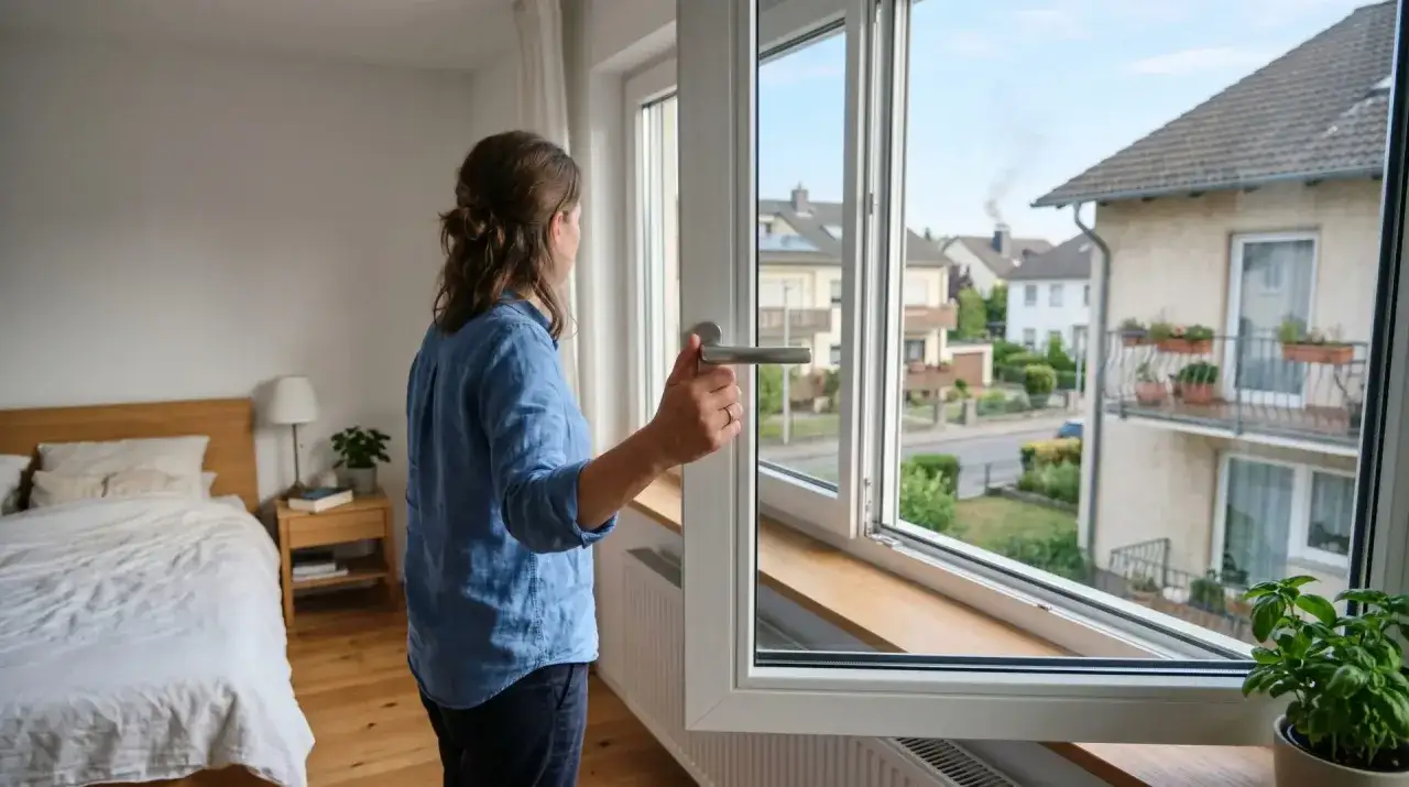 Frau öffnet Fenster im Schlafzimmer. Rauch vom Nachbarn zieht ins Zimmer.