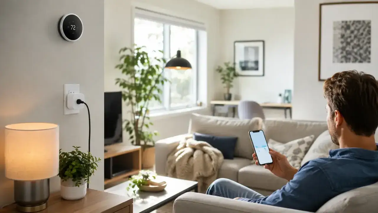 Mann steuert Smart-Home-Geräte wie Thermostat und Lampe per App. So funktioniert SmartThings.
