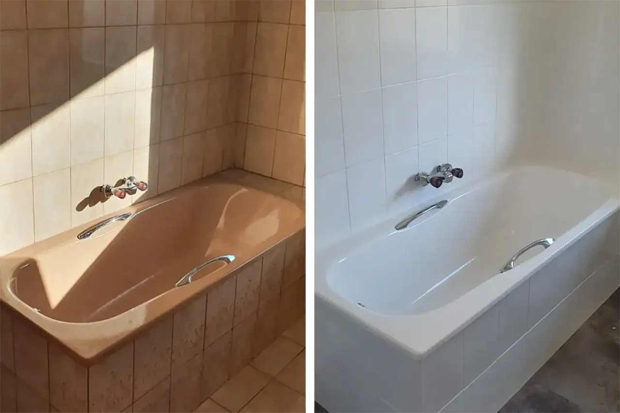 Vorher-Nachher-Vergleich: Braune Badewanne und Fliesen werden durch eine strahlend weiße Wanne und neue Fliesen ersetzt. Das Ergebnis von Fliesen lackieren ist ein modernes Bad.