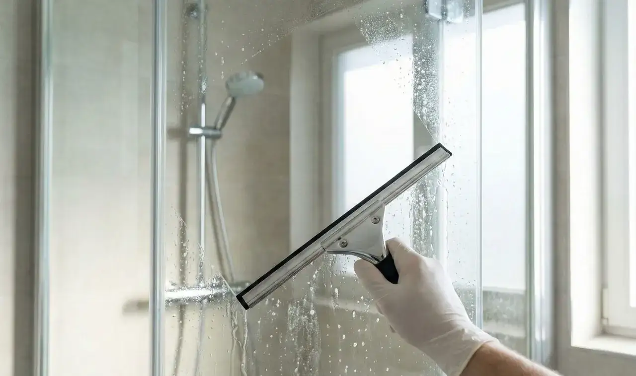 Mit einem Gummiabzieher wird die nasse Glasdusche gereinigt. Wasser und Schaum werden von der Scheibe gezogen, um sie streifenfrei zu machen.