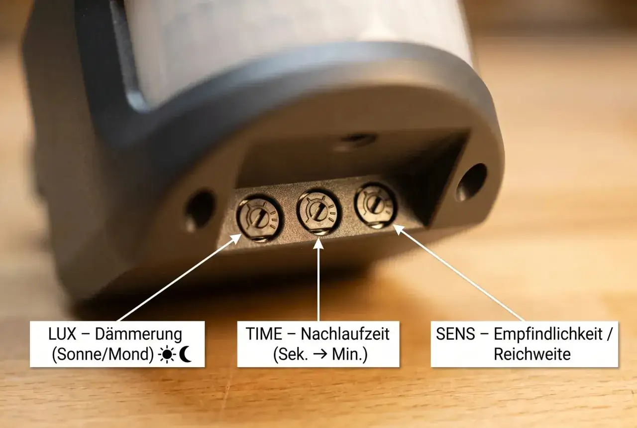 Nahaufnahme von drei Einstellrädern an einem Bewegungsmelder: LUX (Dämmerung), TIME (Nachlaufzeit) und SENS (Empfindlichkeit/Reichweite). So lässt sich der Bewegungsmelder einstellen.
