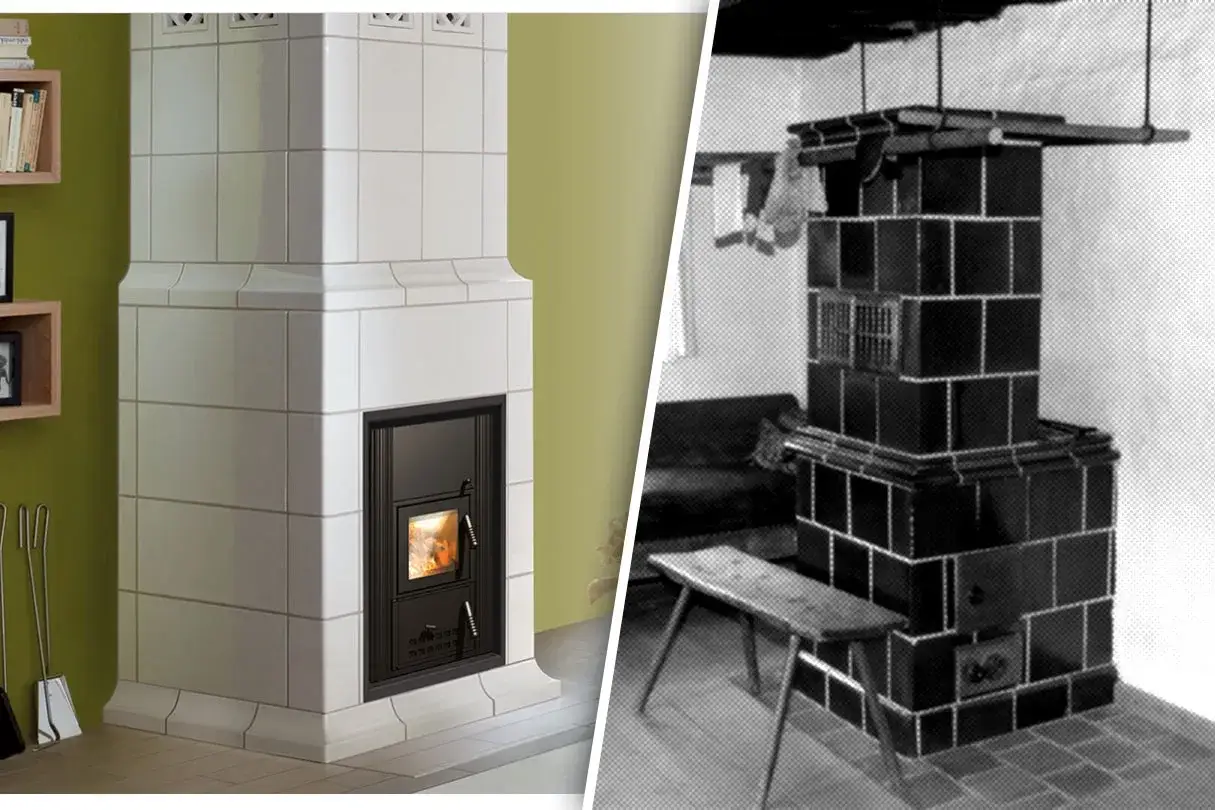 Vorher-nachher-Vergleich: Ein alter Kachelofen wurde modernisiert zu einem eleganten, weißen Heizkamin.