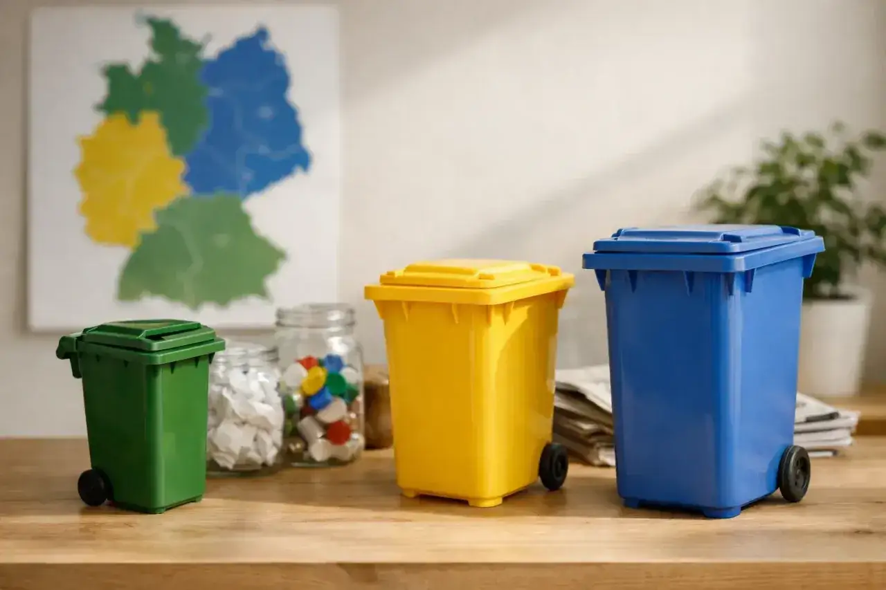 Drei Mülltonnen in Grün, Gelb und Blau stehen bereit, um leere Farbeimer zu entsorgen. Im Hintergrund eine Deutschlandkarte.