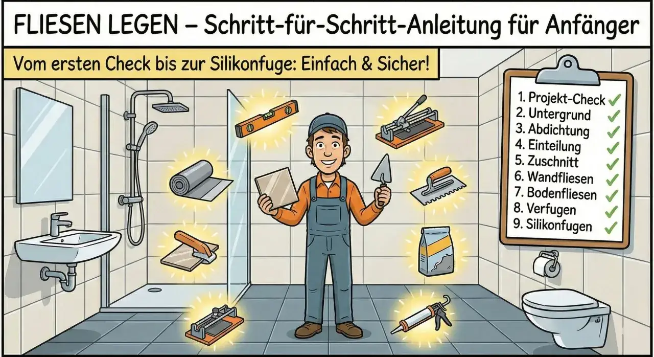 Anleitung zum Fliesen verlegen: Ein Mann mit Werkzeug und Materialien in einem Badezimmer. Checkliste zeigt Schritte von Projekt-Check bis Silikonfugen.