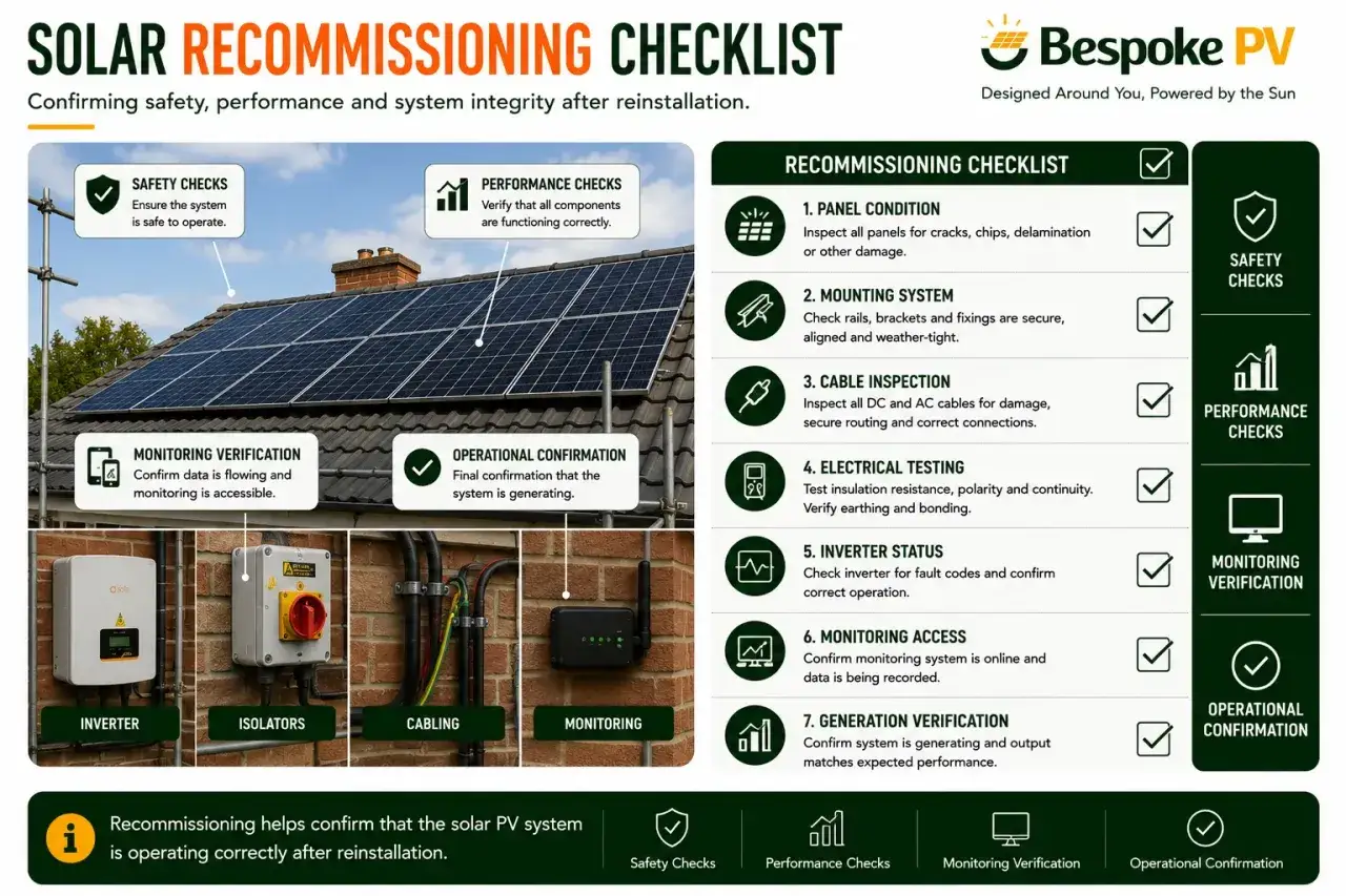 Checkliste f&uuml;r das inbetriebnahmeprotokoll einer PV-Anlage: Sicherheit, Leistung und Systemintegrit&auml;t nach der Wiederinstallation.