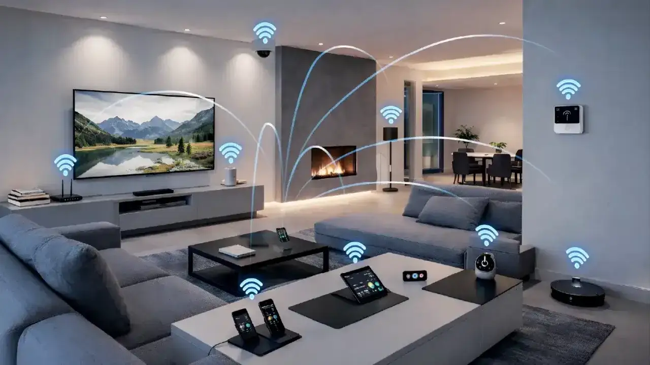Vernetztes Zuhause: Smart-Geräte wie Kameras, Thermostate und Saugroboter kommunizieren über WLAN und ble bluetooth.