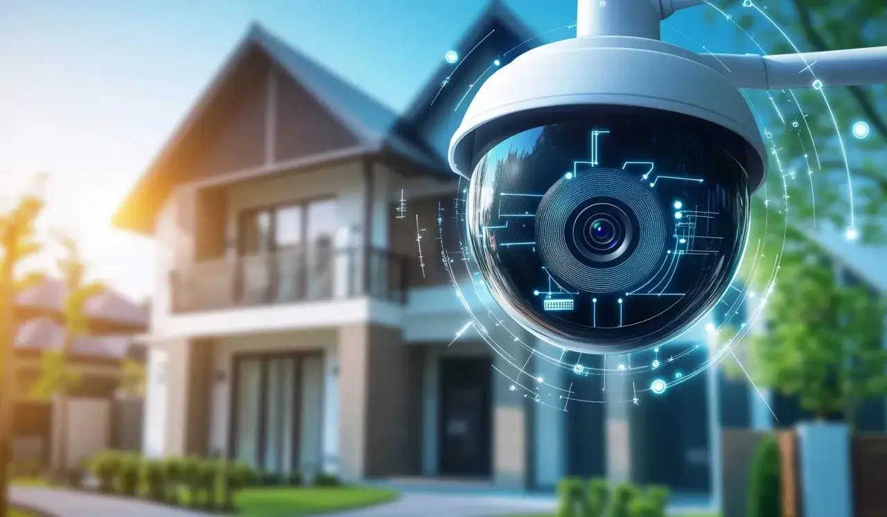 Sicherheitskamera mit futuristischen Linien vor einem Haus. Sie überwacht das Grundstück, wie eine Alexa als Alarmanlage, die alles im Blick behält.
