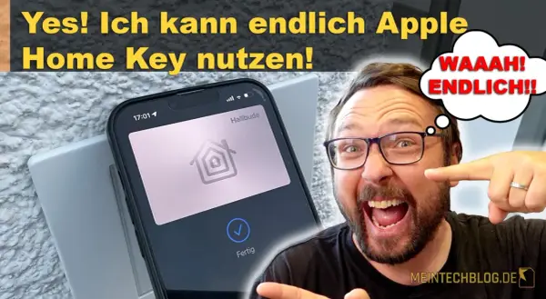 Mann freut sich über sein iPhone mit dem Apple Home Key für die "Hallbude". Endlich ist der Schlüssel digital!