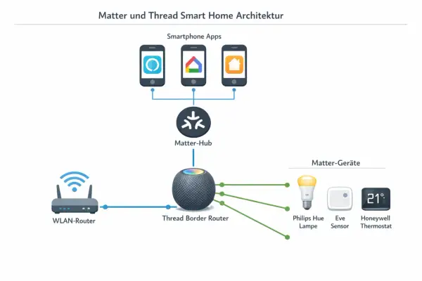 Schema der Matter und Thread Smart Home Architektur: Smartphone-Apps steuern Geräte über einen Matter-Hub und Thread Border Router.