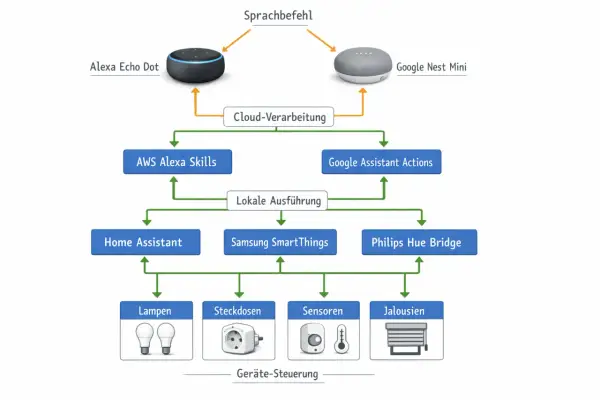 So funktioniert eine Alexa: Sprachbefehl geht zur Cloud-Verarbeitung, dann zu Skills oder Aktionen, lokale Ausführung steuert Lampen, Steckdosen, Sensoren, Jalousien.